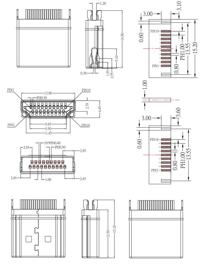 HDMI plug ,HDMI公頭夾板,板厚H:1.2mm,HDMI插頭夾板,板厚H:1.2mm,HDMI-A-12規格圖