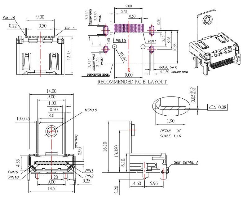 帶耳朵HDMI接口19P,19針高清HDMI母座 SMT 無柱,孔高H:13.28mm/HDMI-A-2規(guī)格圖