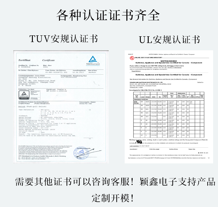 開關(guān)TUV和UL認證證書